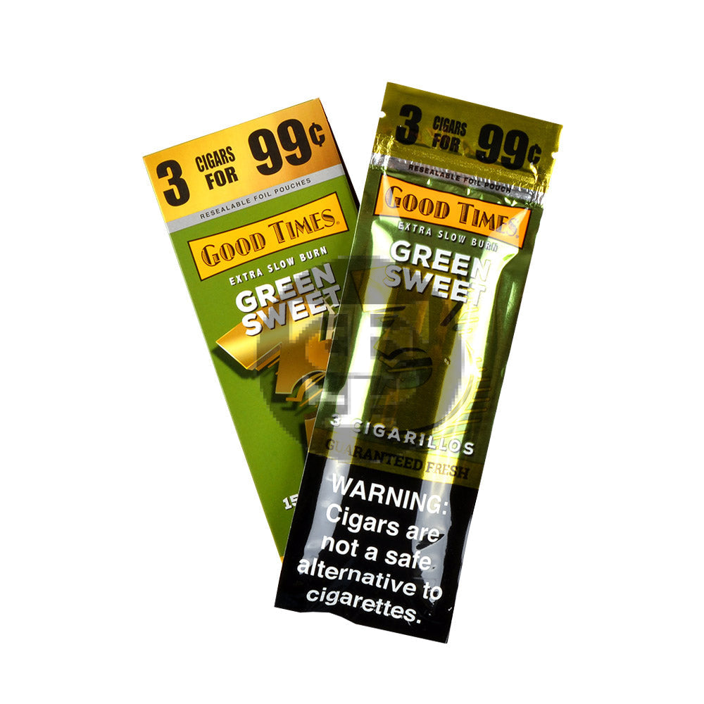 Good Times Cigarillos Green Sweet 3 for 99 Cents Pre Priced 15 Packs of 3