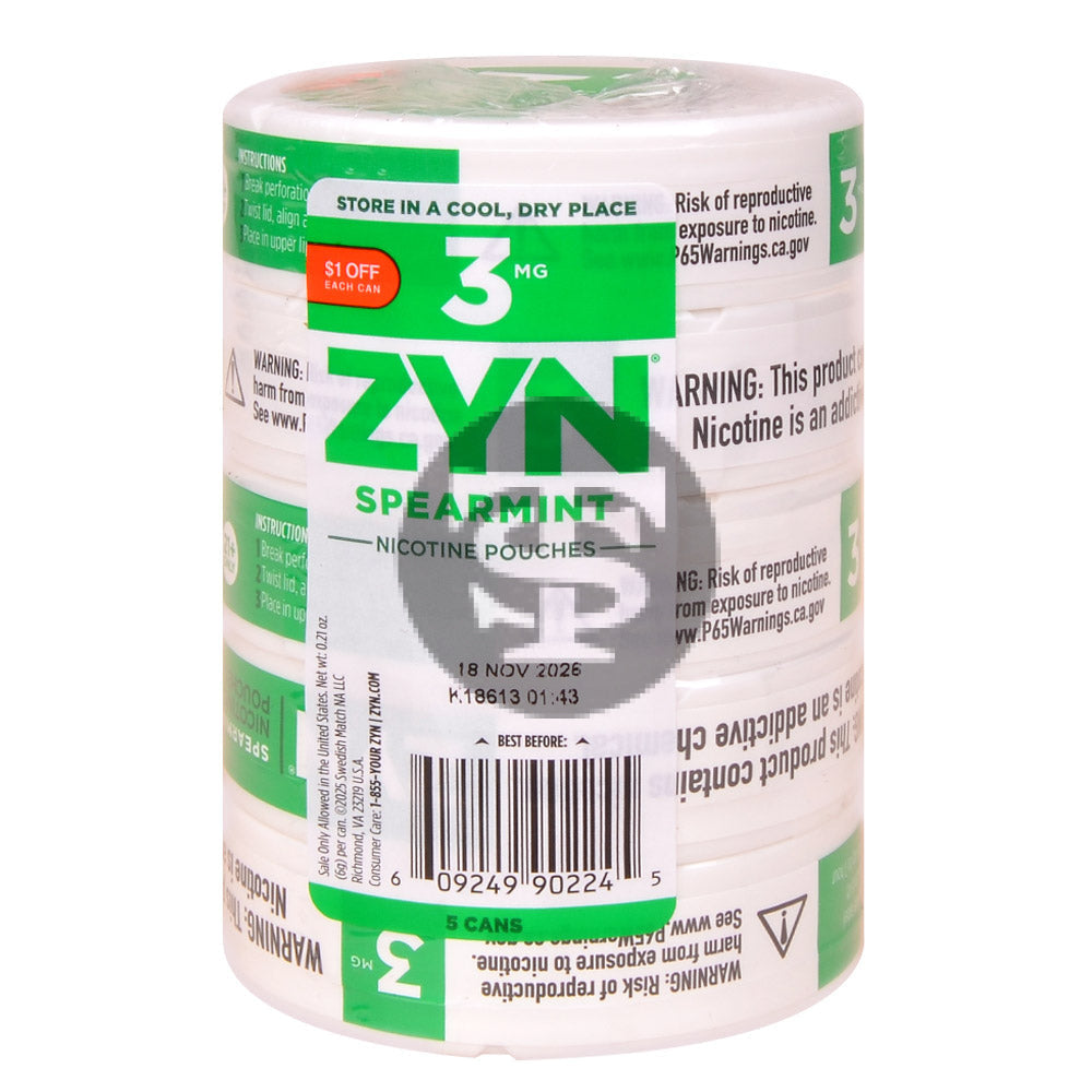 Zyn $1 OFF Nicotine pouches 3mg Spearmint 5 cans