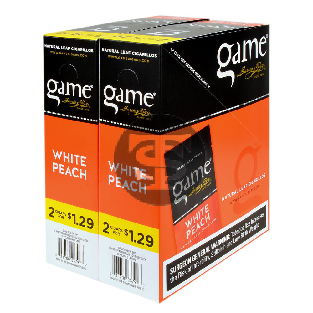 Game Vega Cigarillos White Peach Foil 2 for $1.29 30 Pouches of 2