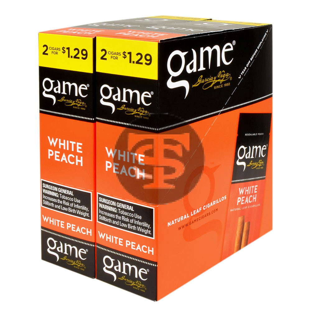 Game Vega Cigarillos White Peach Foil 2 for $1.29 30 Pouches of 2