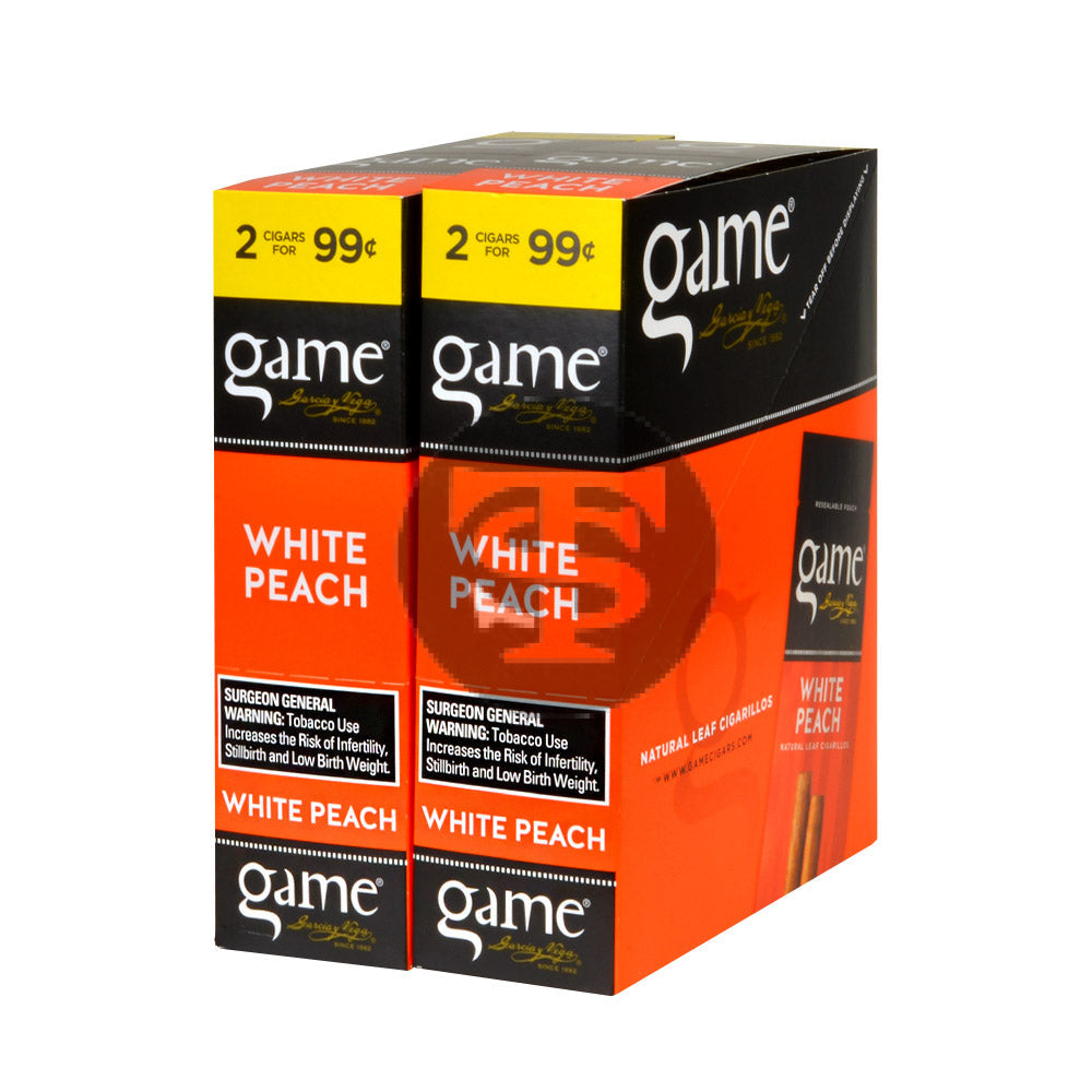 Game Vega Cigarillos White Peach Foil 2 for 99 Cents 30 Pouches of 2 1