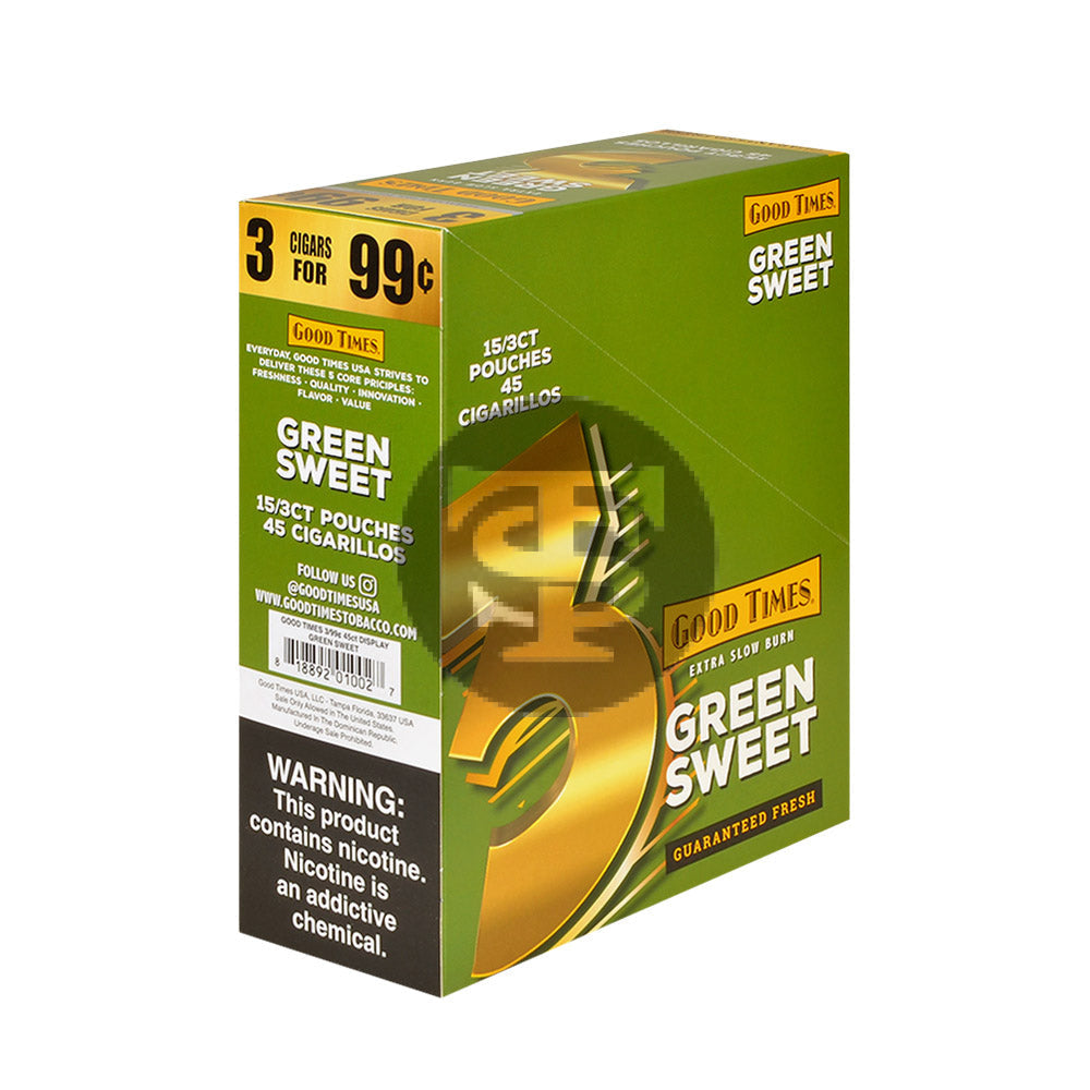 Good Times Cigarillos Green Sweet 3 for 99 Cents Pre Priced 15 Packs of 3