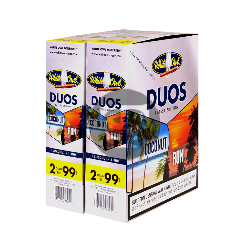 White Owl Cigarillos 99 Cent Pre Priced 30 Packs of 2 Cigars Duos Coconut Rum