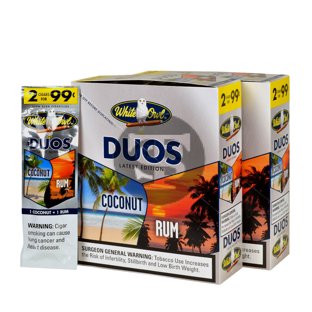 White Owl Cigarillos 99 Cent Pre Priced 30 Packs of 2 Cigars Duos Coconut Rum