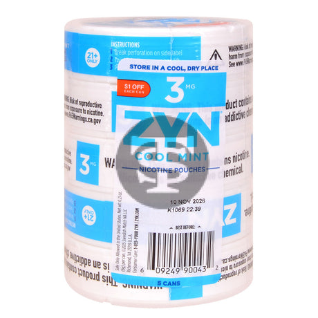 Zyn $1 OFF Nicotine pouches 3mg Cool Mint 5 cans