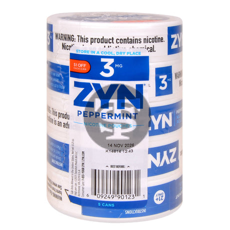 Zyn $1 OFF Nicotine pouches 3mg Peppermint 5 cans