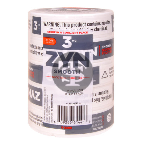 Zyn $1 OFF Nicotine pouches 3mg Smooth 5 cans