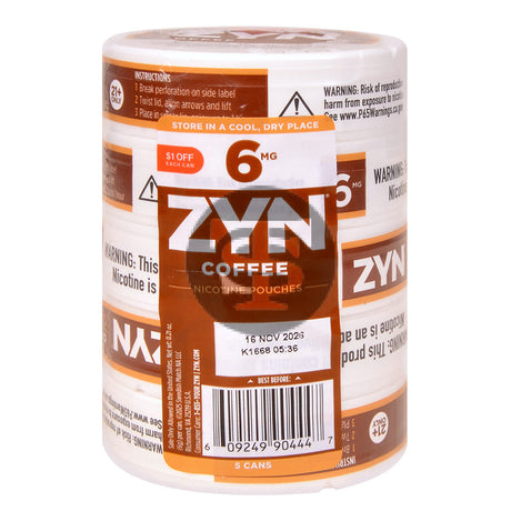 Zyn $1 OFF Nicotine pouches 6mg Coffee 5 cans