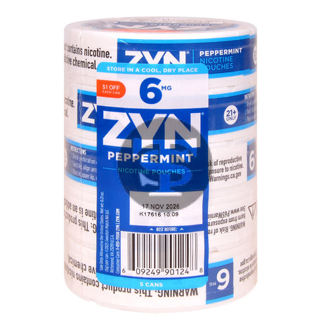 Zyn $1 OFF Nicotine pouches 6mg Peppermint 5 cans