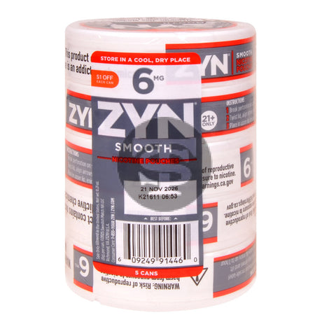 Zyn $1 OFF Nicotine pouches 6mg Smooth 5 cans