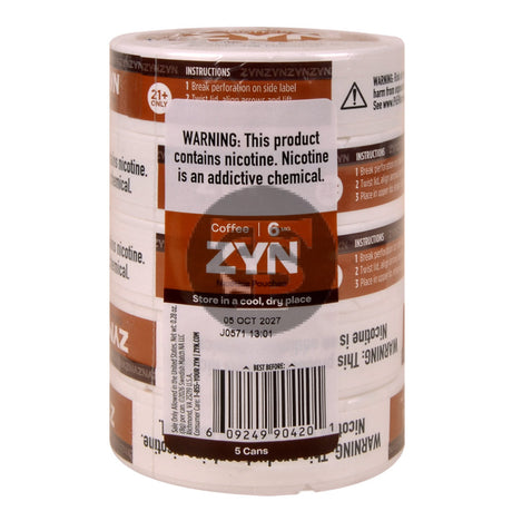 Zyn Nicotine pouches 6mg Coffee 5 cans of 20 pouches