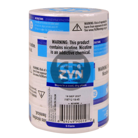 Zyn Nicotine pouches 6mg Cool Mint 5 cans of 20 pouches