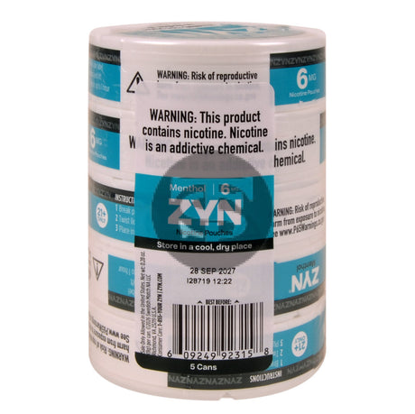 Zyn Nicotine pouches 6mg Menthol 5 cans of 20 pouches