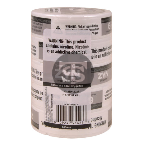 Zyn Nicotine pouches 6mg Smooth 5 cans of 20 pouches