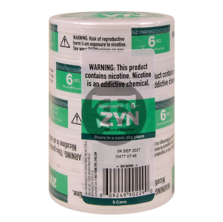 Zyn Nicotine pouches 6mg Spearmint 5 cans of 20 pouches