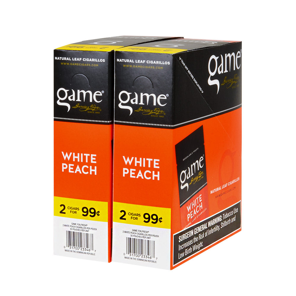 Game Vega Cigarillos White Peach Foil 2 for 99 Cents 30 Pouches of 2 2